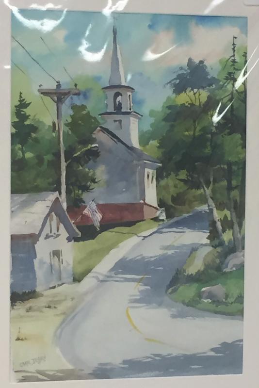 Matted print of Ocean Point Road and the Methodist church. This piece is for sale thanks to Susan Brackett and Bob Eisele who donated it for the show. Carol Jessen