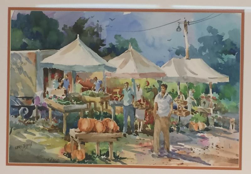 Full Farmer’s Market painting by Carol Jessen. On loan from Jan van Hasselt Carol Jessen