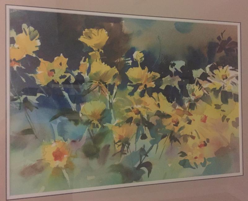 Full Yellow Flowers painting, a watercolor by Carol Jessen. Loaned by Chet Evans