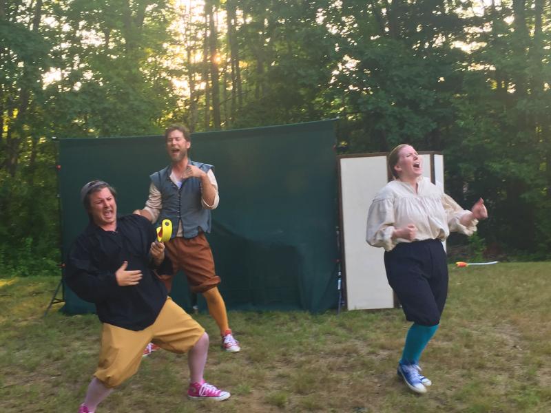 Actors, from left, Robo Bishop, Soren Barker and Emily Sue Barker rapping a synopsis of “Othello” during a recent River Company rehearsal. LISA KRISTOFF/Boothbay Register
