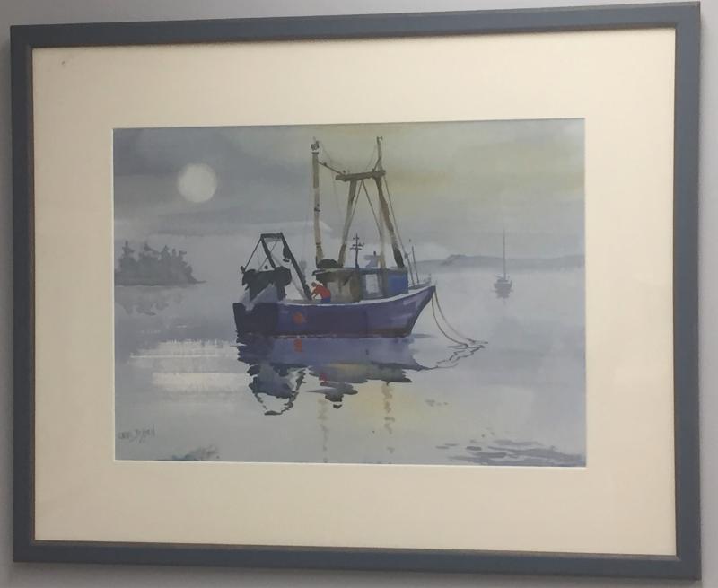 Carol Jessen painting of a ship at sea under a full moon and fog. Loaned for the show by Marcia Annenberg Carol Jessen