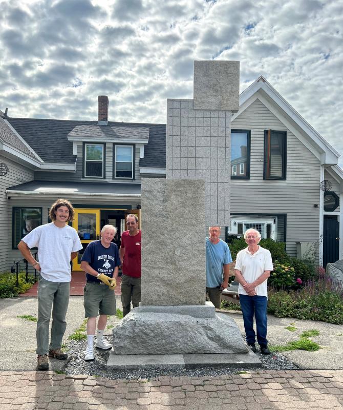The “Lifting Fog” sculpture installation crew - from left: Joseph DiMauro, Bill Royall, sculptor Mark Herrington and Dan Ucci, with Dennis Gleason of Gleason Fine Art. Patricia Royall photo