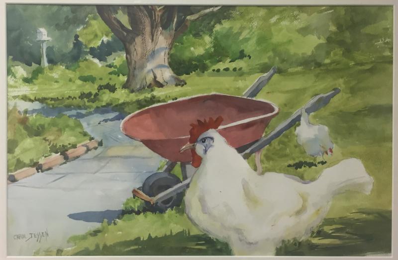 “White Chicken Beside A Red Wheelbarrow,” Carol Jessen watercolor. Carol Jessen