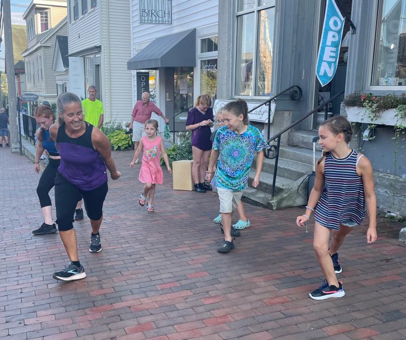 Dancemaineia dancers share a few moves with young visitors at Wiscasset Art Walk Aug. 25. Wiscasset Art Walk photo