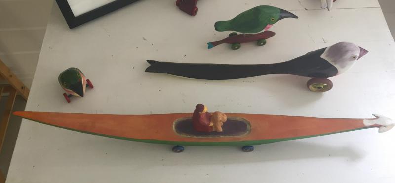 Dona Dalton’s free-wheelin’ carved birds on wheels. LISA KRISTOFF/Boothbay Register Dona Dalton