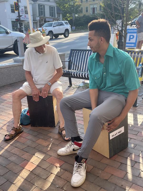 Wiscasset Art Walk goers enjoyed making their own music, sometimes with strangers, on the handmade cajons placed on the sidewalk during the Aug. 25 evening. The drums will make another appearance during the final WAW of the season on Thursday, September 29, from 5 to 8pm. Wiscasset Art Walk photo
