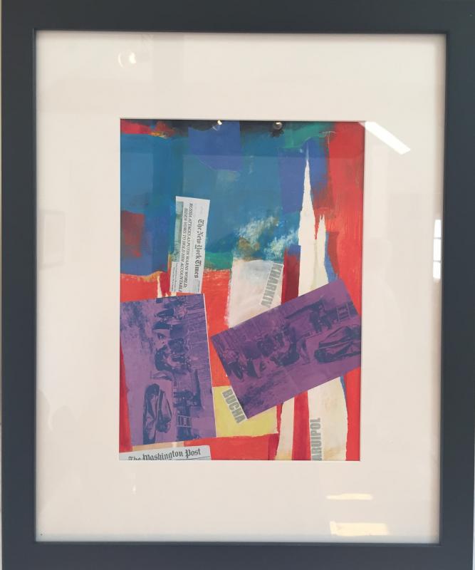 “Body Bags” painting/collage, acrylic on paper and mat board by Michael Culver. Michael Culver