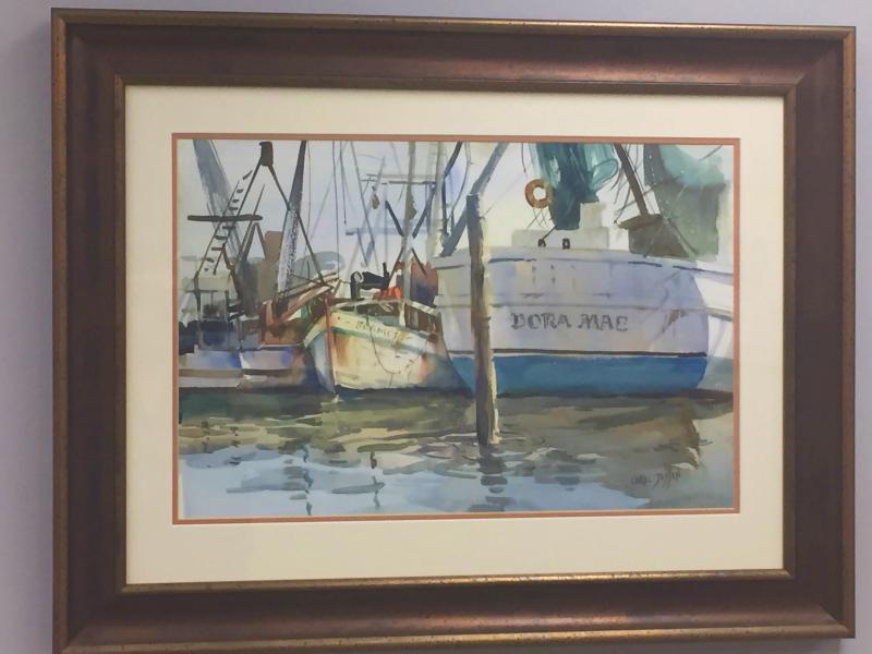 Carol Jessen watercolor of a familiar sight here in Boothbay Harbor ... boats at a dock. Carol Jessen