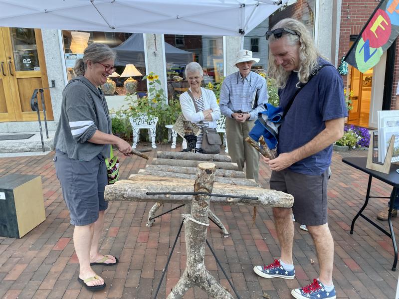 Visitors to the Aug. 25 Wiscasset Art Walk were invited to make their own music on this handmade Amadinda-style instrument. Wiscasset Art Walk photo
