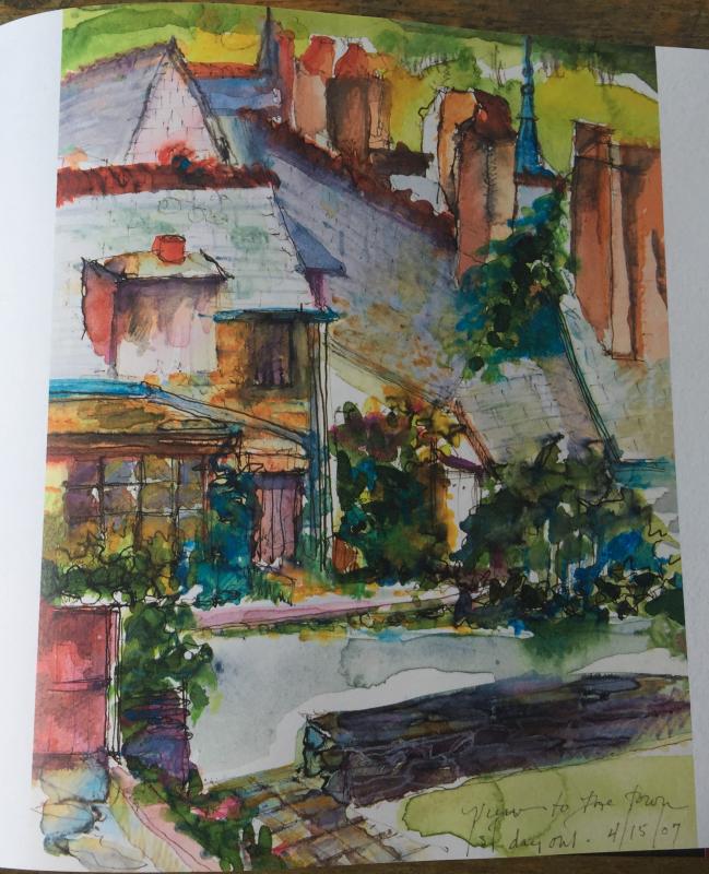 Gorgeous drawing/painting of a town view in France, April 2007.
