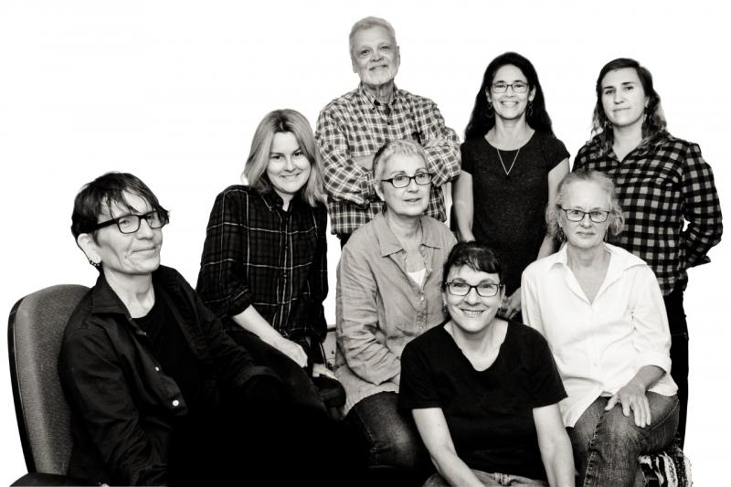 “Collective Imagination,” an exhibit that includes abstract paintings by the SEVEN collective, at the Maine Art Gallery in Wiscasset. From left: Back row: Michel Droge, Emily Blaschke, Don Peterson, Celeste June Henriquez, Alicia Etheridge. Middle row: Doreen Nardone, Brenda Overstrom. Front center: Jenny Campbell. Courtesy of the venue