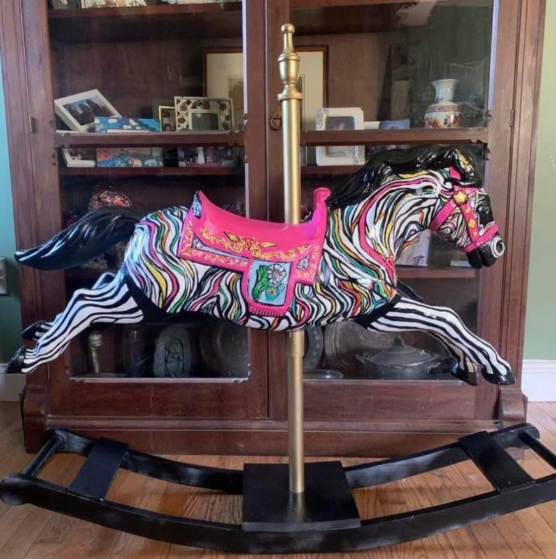 This small carousel horse, painted by Mari McGuire is at Bath Savings at 1 Todd Ave. in Boothbay Harbor. Wouldn’t it be perfect in your child’s bedroom? Courtesy of Burke’s Island Farm