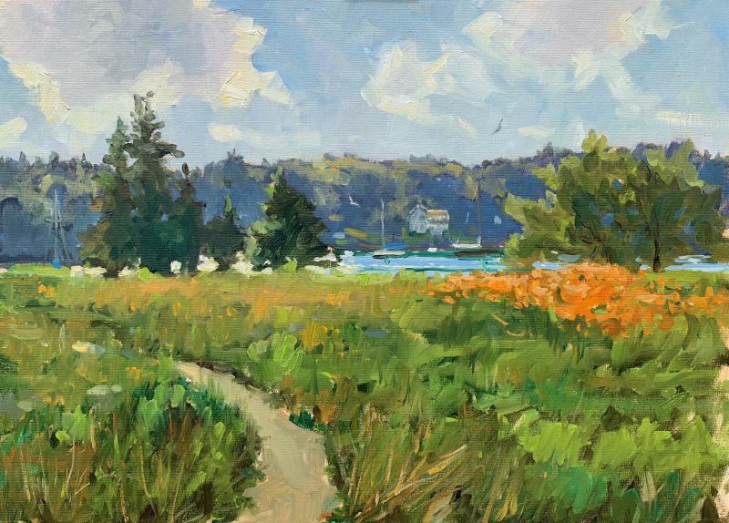 “Meadow Flowers” (12” x 16” oil) are part of artist Brad Bett’s series of paintings on scene (en plein air) at Oak Point Farm currently on display in the farmhouse gallery room. Betts is donating 20% of all sales from this exhibit to Boothbay Region Land Trust.