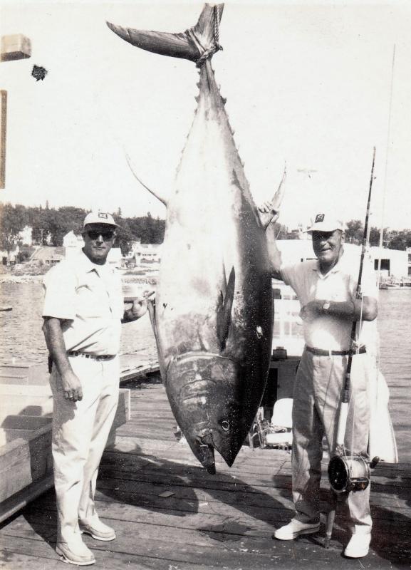 The Boothbay Tuna Challenge returns Sept. 3-8 with a $30,000 cash first prize. Pictured are past participant Arno Rogers and an unidentified fisherman at Blake's Boatyard. File photo
