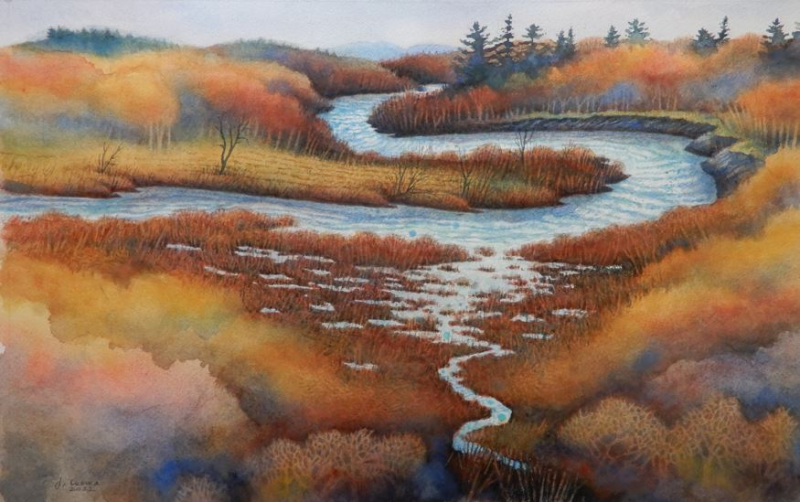 Jon Luoma’s “Autumn Oxbow” - watercolor and Chinese ink - at Damariscotta River Grill through Oct. 31, along with work by Margaret Merrill and Pamela Browne. Courtesy of Kim Traina Jon Luoma