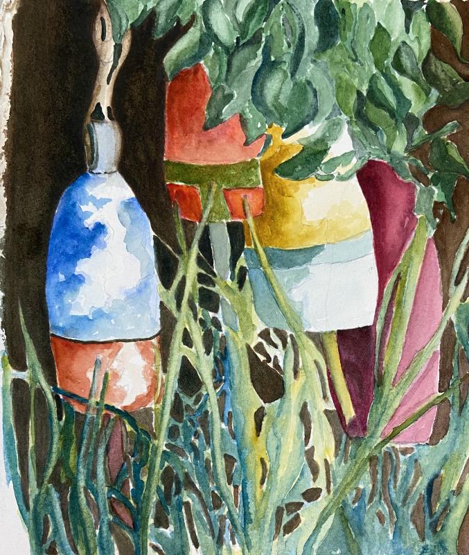 Watercolorist Margaret Merrill’s “Buoys” at Damariscotta River Grill. Courtesy of Kim Traina Margaret Merrill