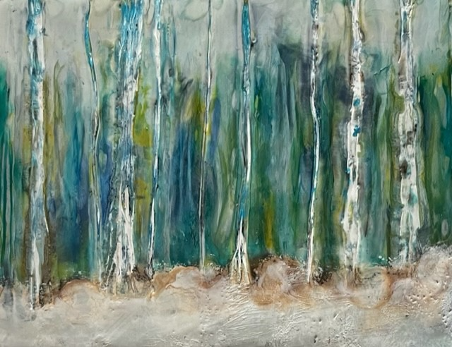 “Encaustic Study of Trees” by Pamela Browne at Damariscotta River Grill. Courtesy of Kim Traina Pamela Browne