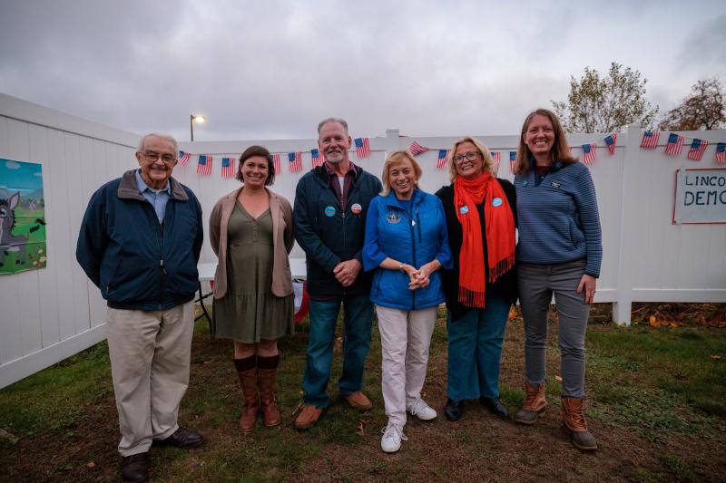 From left are County Commissioner Bill Blodgett, Cameron Reny, Clint Collamore, Gov. Janet Mills, Rep. Holly Stover, and Rep Lydia Crafts in Damariscotta Oct. 15. Hee Leem photo