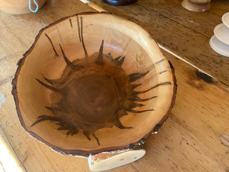 Find hand-turned bowls by Alna’s Dick Picard at Wiscasset Holiday Marketfest’ Gift Shop in the Nickels-Sortwell House barn on Federal St., Dec. 2 – 4. This bowl is maple with a live edge; coloration is a result of Ambrosia beetles. Sheepscotturnings photo