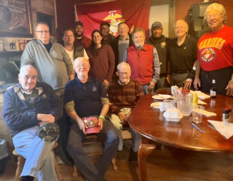 Attending the U.S. Marine Corps’ 247th Birthday celebration at Brady’s are, from left, seated: Joe Gelarden, Phil Chapman, Captain Barclay Shepard, USN; standing: Lucian Laurie, Duke Wells, Jack Sherman, Robin Ford, Ren Jones, Jim Schermerhorn, John Webster, Nick Upham, Jim Singer and Barry Sherman. Missing was Sonny Webb. Photo by Sarah Laurie
