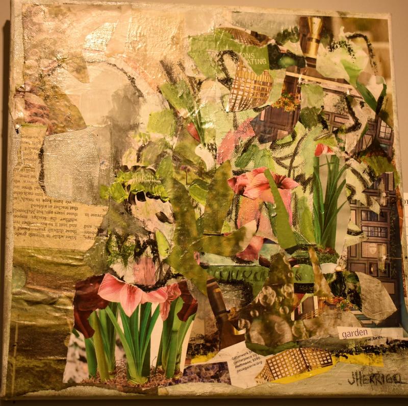 “Flower Shop” is one of Jillian Herrigel’s mixed medias in the show. Jillian Herrigel