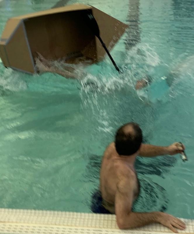 Marine technology students learned another lesson, too. It’s not easy staying afloat in a cardboard boat. BILL PEARSON/Boothbay Register