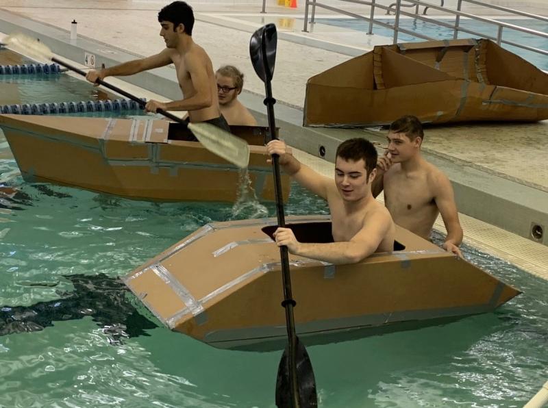 Chip Schwehm’s marine technology class tested the principles of buoyancy, water lines, Archimedes principle, and the quadratic formula in designing and racing cardboard boats in this year’s competition. BILL PEARSON/Boothbay Register