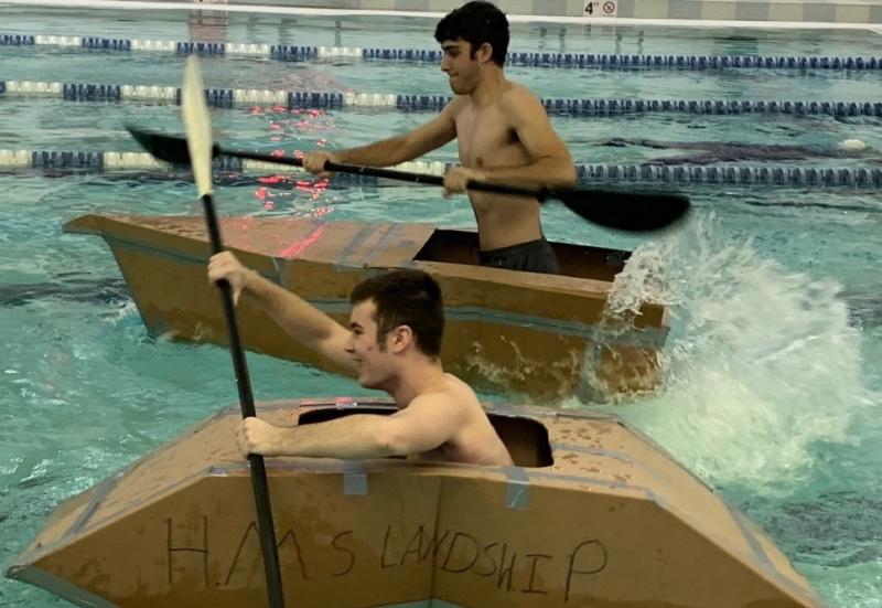Cardboard Cup competitors Ryan Amaral, top, and Tyler Barter were among five entrants in this year’s marine technology boat races held Dec. 8. BILL PEARSON/Boothbay Register