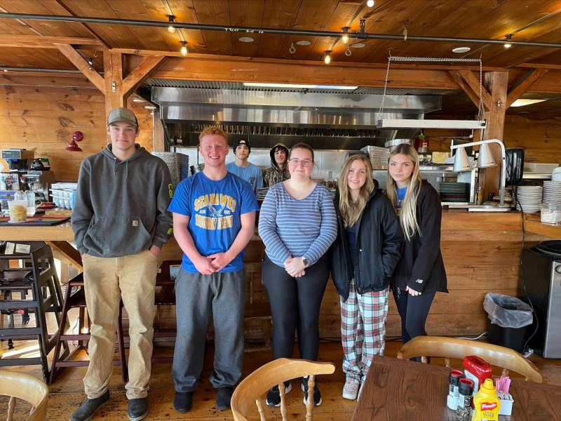 Class of 2023 participants of the Early Bird breakfast Project Graduation fundraiser at Brady’s. Front, left: Connor Wenners, Kaden Ames, Rachel Barter, Emma Markowitz and Veda Harriman; back, left: Ryan Amaral and Drew Meader. File photo