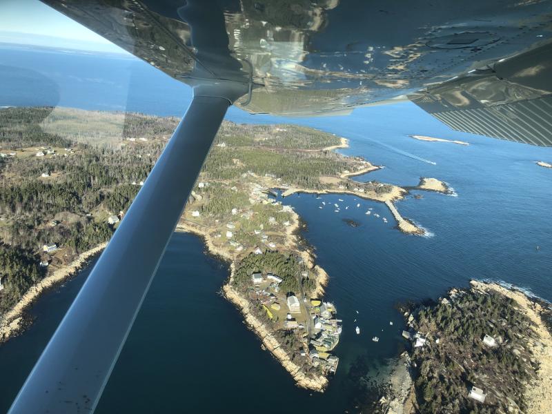 The view from the air of the harbor on Matinicus Island, where the author conducted a recent National Audubon Christmas Bird Count. Courtesy of Jeff Wells. #bird-column, #Jeff and Allison Wells, #boothbay register, #birds, #maine, #christmas bird count, #matinicus island