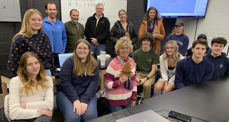 The Students’ Choice Award went to The First in Boothbay Harbor Region Chamber of Commerce’s Adopt-a-Tree fundraiser. On Jan. 11, branch manager Brenda Blackman received the award from a STEM high school class. BILL PEARSON/Boothbay Register