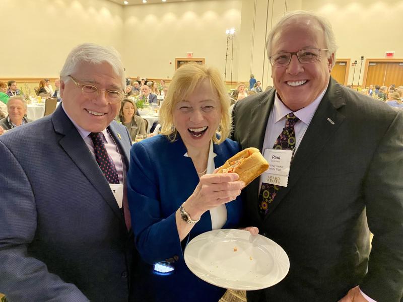 Having some fun at the Governor’s Conference in Bangor are, from left, Robert Dana, Vice President of Student Life and Dean of Students at the University of Maine, Governor Janet Mills and Paul Coulombe, one of four award recipients at the conference. Courtesy of Michelle Amero