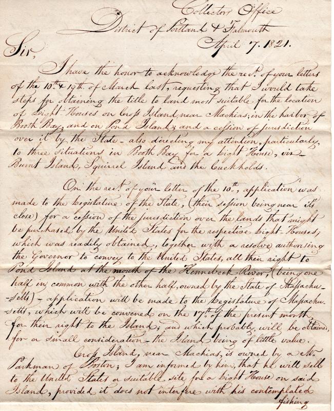 Isaac Ilsley’s full letter regarding Boothbay Harbor’s first lighthouse. Courtesy of Elaine Jones