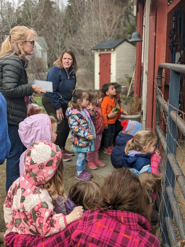 Preschoolers take turns feeding Theodora. CANDI JONETH/Boothbay Register