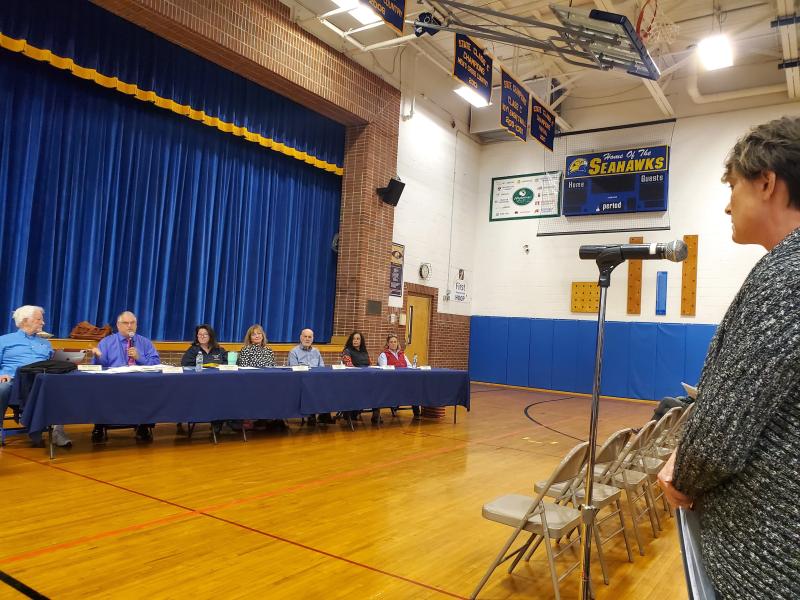Tricia Warren speaks to the CSD school board and superintendent. FRITZ FREUDENBERGER/Boothbay Register