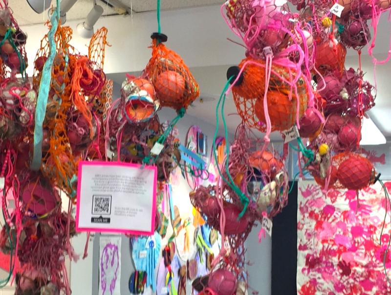 Bait bags students created in collaboration with guest artist Pamela Moulton are filled with ghost gear and oyster shells. LISA KRISTOFF/Boothbay Register