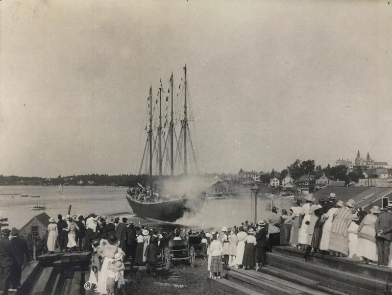 A historical photo of a four-masted schooner coming off the shipyard railway at present-day 49 Atlantic Ave. Courtesy of Jon Dunsford/Boothbay Region Historical Society