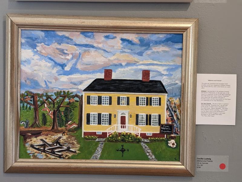 “Mildred and Friends” by Cecilia Ludwig depicts what might have happened if Burrage shared a canvas with artist friends Sisson, Ipcar, Etnier and Tenggren, painting her home in Wiscasset.