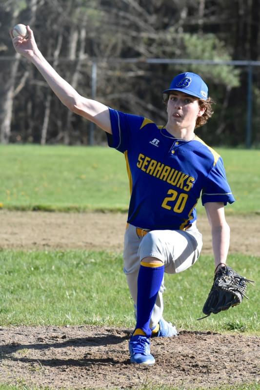 Finn Harkins throws to Spruce Mountain in Friday’s game. FRITZ FREUDENBERGER/Boothbay Register
