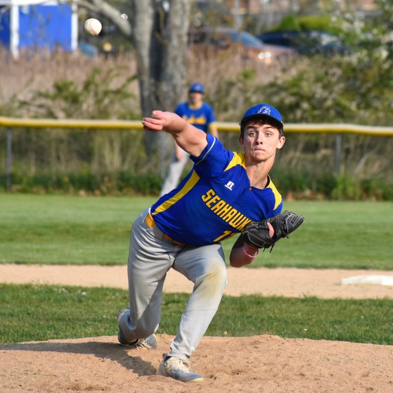 Seahawk Liam Jacobs pitches against Oak Hill. FRITZ FREUDENBERGER/Boothbay Register