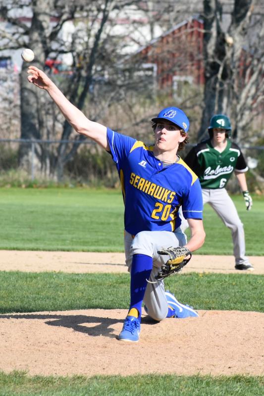 Finn Harkins, Seahawk player of the game, makes a pitch against the Cobras. FRITZ FREUDENBERGER/Boothbay Register