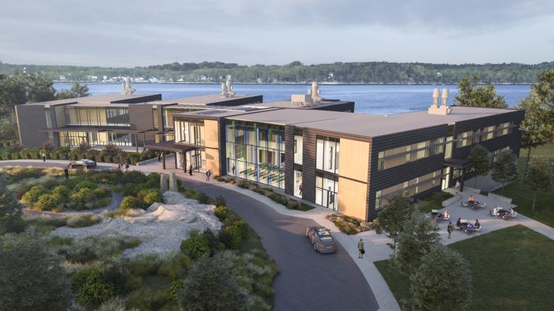 A rendering of the planned expansion of Bigelow Laboratory shows the new center in the foreground with the existing facilities behind. The new center for ocean education and innovation will support expanded programing and solutions-focused science at the nonprofit research institute. Courtesy of Bigelow Laboratory for Ocean Sciences