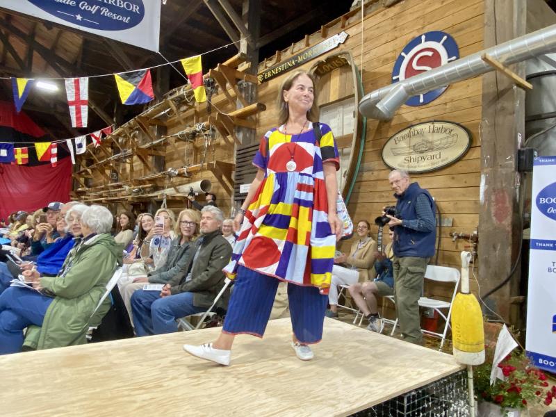 Darlene Carmolli models a shirt and pants combo by Kate Lamontage. ISABELLE CURTIS/Boothbay Register
