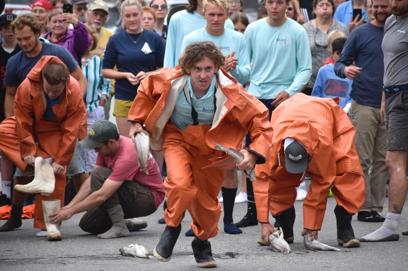 Cyrus Blake takes off during the annual Windjammer Days Cod Fish Races June 28. Blake and his team from Boothbay Harbor Yacht Club won. FRITZ FREUDENBERGER/Boothbay Register