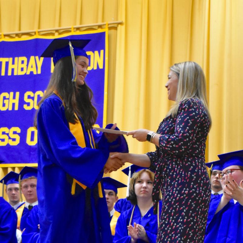 Savannah Compare receives one of her awards from Leanne Burnham. FRITZ FREUDENBERGER/Boothbay Register