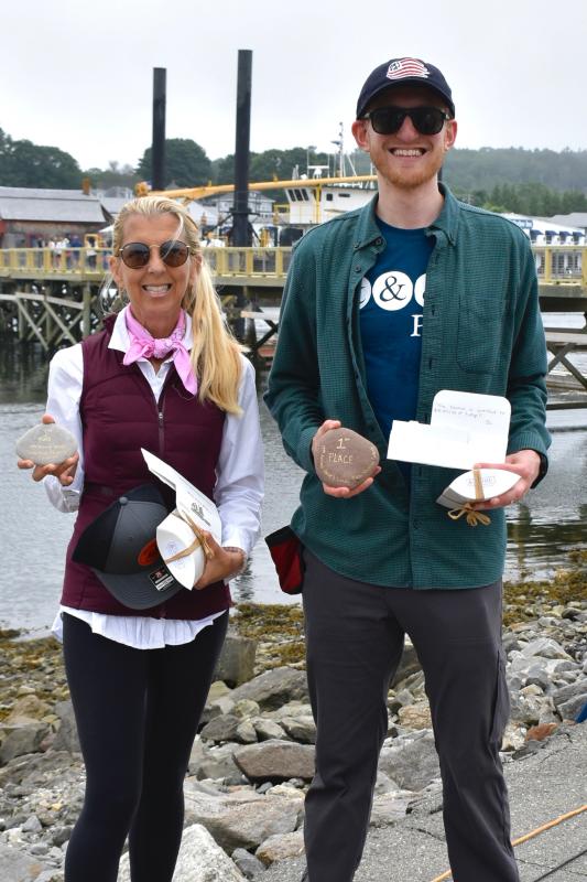Denise Ellis and Mike Rogove pose with their trophies from the rock skipping contest June 29. FRITZ FREUDENBERGER/Boothbay Register