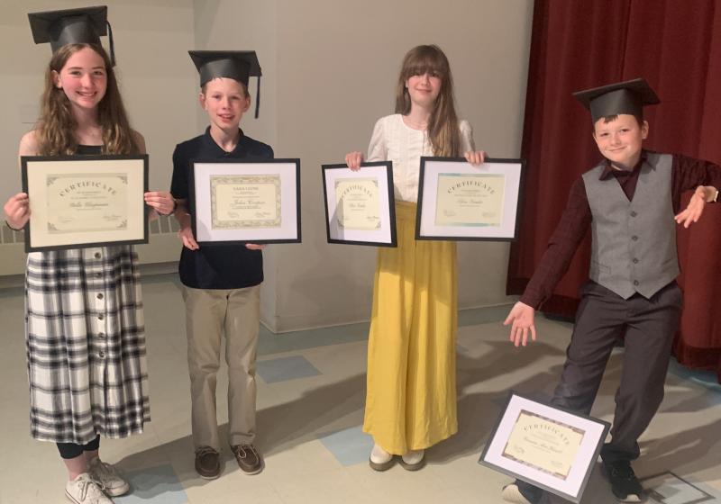 These Edgecomb Eddy School sixth grade graduates were honored with achievement awards during the June 22 graduation. Pictured, from left, are Stella Chapman, Academics; John Cooper, Sara Leone Citizenship; Olive Tomko, Academics and Art, Carson MacKusick, Music. BILL PEARSON/Boothbay Register