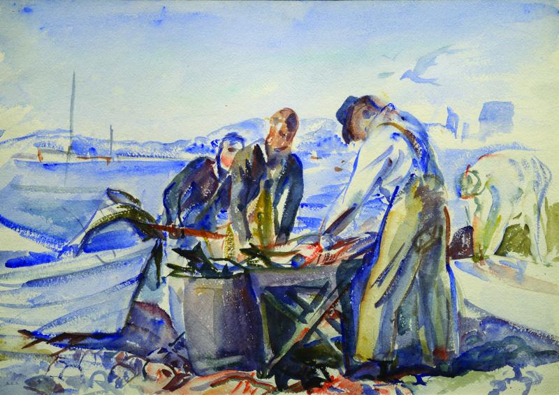 Alice Kent Stoddard (American, 1884-1976), “Cleaning Fish, Monhegan Island,” watercolor, 15" x 20.5." Courtesy of Wiscasset Bay Gallery Alice Kent Stoddard