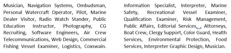 Above are a few of the areas that, if you already have expertise in, or would like to train to work in, the Coast Guard Auxiliary might be the right place for you to be.