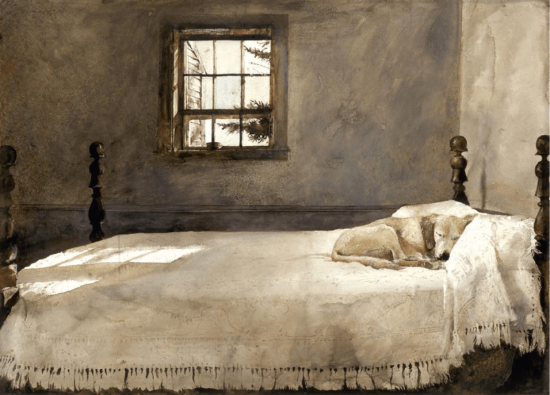 “Master Bedroom” (1965). Victoria Browning Wyeth did not understand this one as a child, but now with her own dogs appreciates it in a different way. As Andrew said, “Dogs smile when they sleep.”